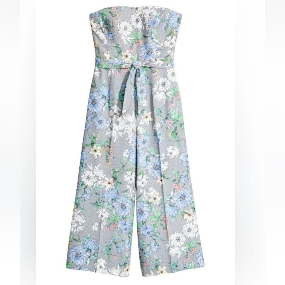 H&M Floral Strapless Wide Leg Jumpsuit with Tie Waist (size 12)